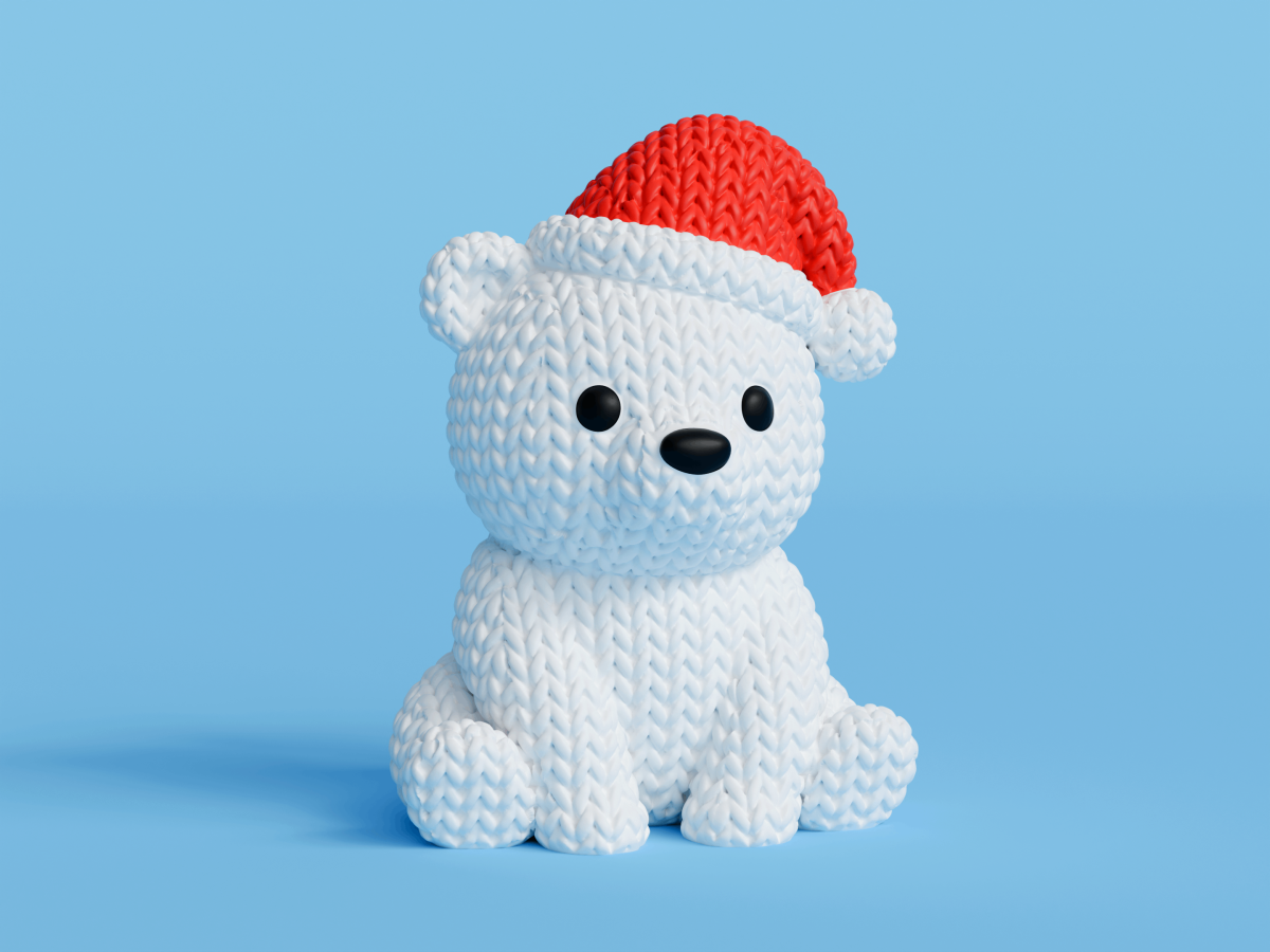 Knitted Polar Bear with Santa Hat — білий ведмідь у шапці Санти